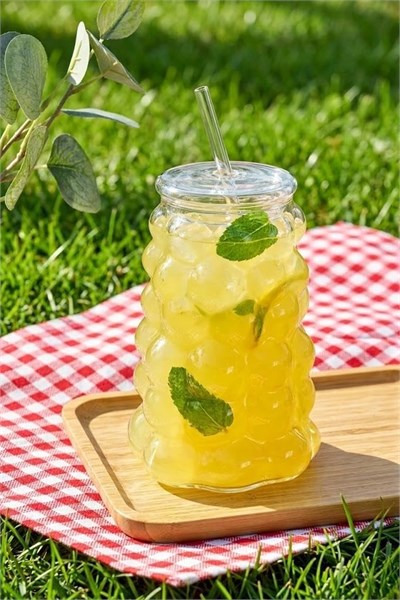 Mien Üzüm Desen Bubble Borosilikat Cam Pipetli Bardak 1 Litre