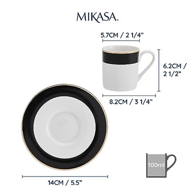 Mikasa Luxe Deco Porselen Espresso Fincanı ve Fincan Tabağı Seti, 2 x Çizgili Desenli Espresso Fincanı ve Tabağı, 100 ml Kahve Fincanı - Hediye Kutusunda - Seçenekler: Klasikler, Çay fincanı ve tabağı