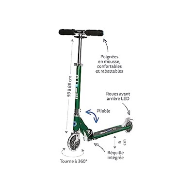 Mikro Kickboard- Sprite LED - 2 Tekerlekli Tekme Scooter Yaş 8+, Katlanır, Hafif, Hareketle Aktive Edilen Işıklı Tekerlekli Taşınabilir Scooter