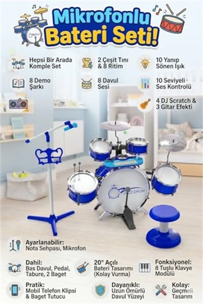 Mikrofonlu Işıklı Sesli Bateri Seti - Piyanolu Tabureli & Bagetli Eğitici Çocuk Bateri Takımı - Mavi