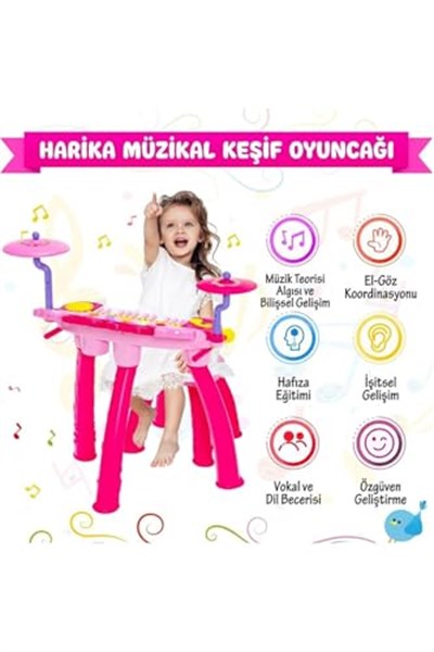 Mikrofonlu Işıklı Sesli Çocuk Oyuncak Piyano Davul Seti - Tabureli 24 Tuşlu Eğitici Müzik Aleti
