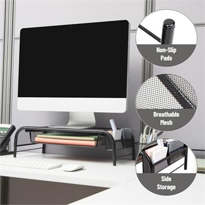 Mind Reader Network Collection Monitör Standı, 3, 1 Kağıt Tepsi ve 2 Yan Depolama Bölmesi, Masaüstü Düzenleyici, Metal Örgü, 2li Set, Siyah 2li Paket