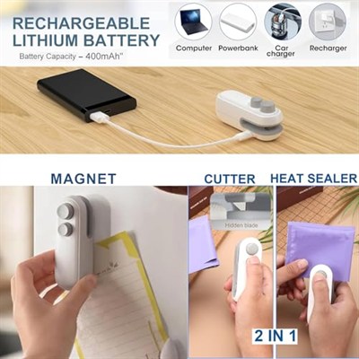 Mini Bag Sealer şarj edilebilir, taşınabilir 2si 1 arada conta ve kesme, mini atıştırmalık çantası, ısı geçirmez, USB el ısı mühürleyici, plastik torba mühürleyici, gıda saklama için