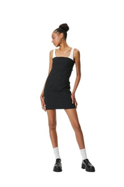 Mini Kalem Elbise Renk Kontrastlı Askılı Slim Fit