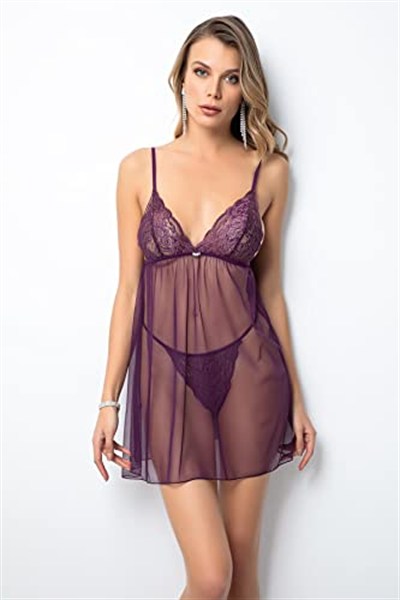 Miorre İnce Askılı Güpürlü Taşlı Tül Babydoll Takım MOR S-M