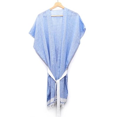 MİSSİ Beyaz Kuşaklı Mavi Pamuk Peştemal Kimono