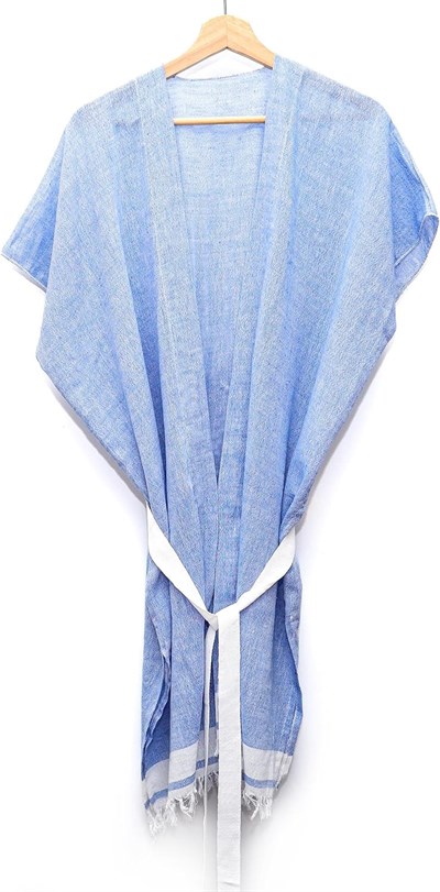 MİSSİ Beyaz Kuşaklı Mavi Pamuk Peştemal Kimono