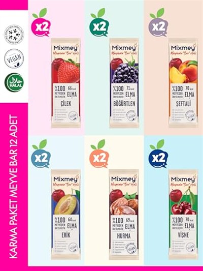 Mixmey Karma 2 Paket Meyve Bar 12 Adet | Glutensiz Ve Vegan Sağlıklı Atıştırmalıklar - 20gr X 12 Adet