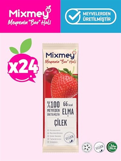 MİXMEY MEYVE BARI ÇİLEK 20 GR x 24 ADET - VEGAN VE GLUTENSİZ SAĞLIKLI ATIŞTIRMALIK