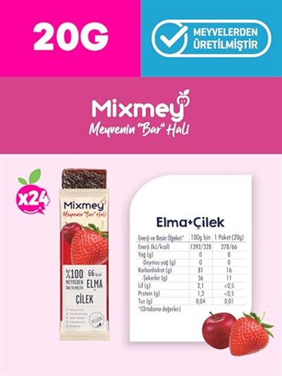 MİXMEY MEYVE BARI ÇİLEK 20 GR x 24 ADET - VEGAN VE GLUTENSİZ SAĞLIKLI ATIŞTIRMALIK