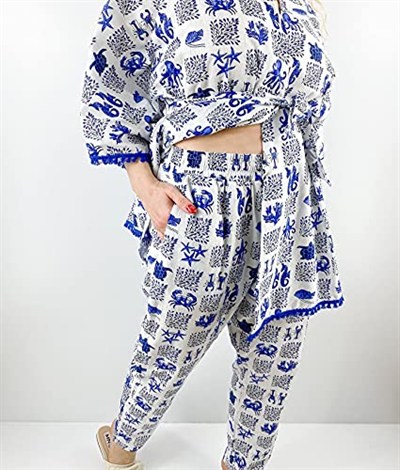 Modaonna Deniz Desenli Keten Kimono Pantolon Takım