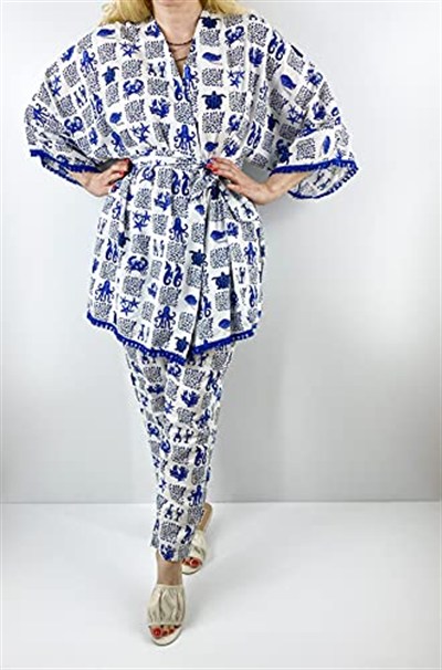 Modaonna Deniz Desenli Keten Kimono Pantolon Takım