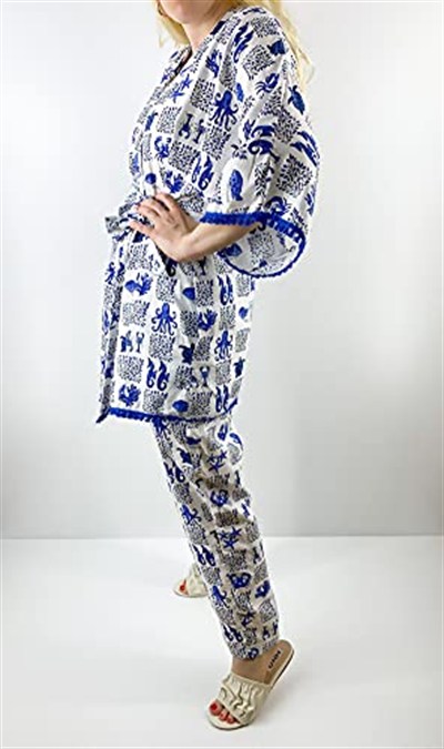Modaonna Deniz Desenli Keten Kimono Pantolon Takım