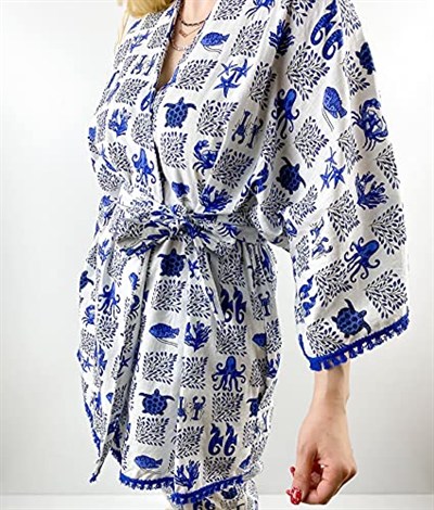 Modaonna Deniz Desenli Keten Kimono Pantolon Takım