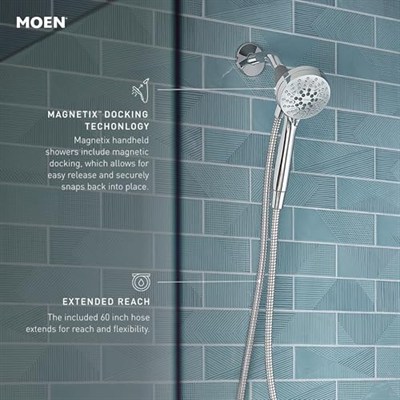 Moen Chrome Engage Magnetix 26100EP Altı Fonksiyonlu, Eko-Performans Manyetik Bağlantı Sistemli El Tipi, Metal Hortumlu Çıkarılabilir Duş Başlığı, Krom, 8.9 cm
