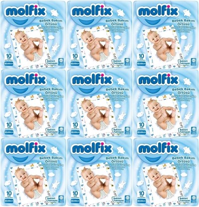 Molfix Bebek Bakım Alt Açma Örtüsü, 60x60 cm, 9lu Set, 90 Adet