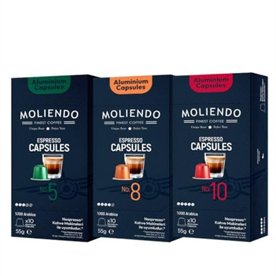 Moliendo Finest Coffee Alüminyum Kapsül Kahve Tanışma Paketi (3X10 NESPRESSO UYUMLU ALÜMİNYUM KAPSÜL KAHVE)