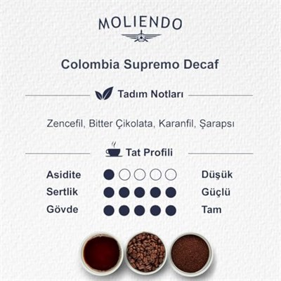 Moliendo Finest Coffee Colombia Supremo Decaf (Kafeinsiz) Yöresel Kahve (Çekirdek) 250 g