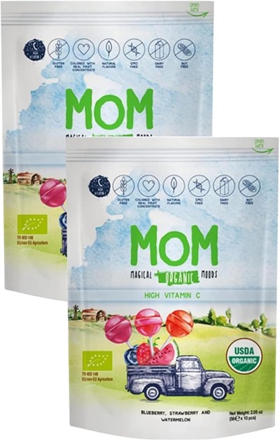 mom Organik Lolipop (ÇİLEK, KARPUZ, YABAN MERSİNİ VE C VİTAMİNİ) - 2 Paket