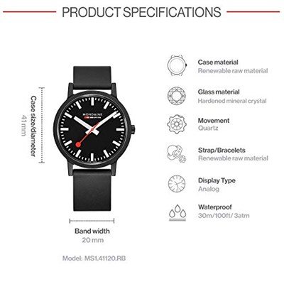 Mondaine - Essence - Herrenuhr 41mm - Bahnhofsuhr in Schwarz schwarzem Armband aus recycelten Rohstoffen - 30m Wasserdicht nachhaltig - Mehrere Varianten - Hergestellt in der Schweiz
