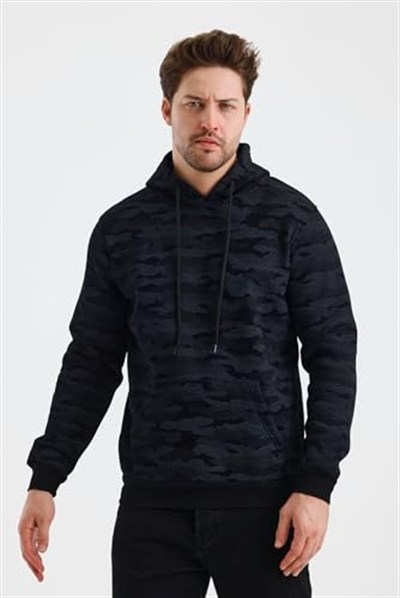 Monox Erkek Kapşonlu Kamuflaj Baskılı 3 İplik Sweatshirt