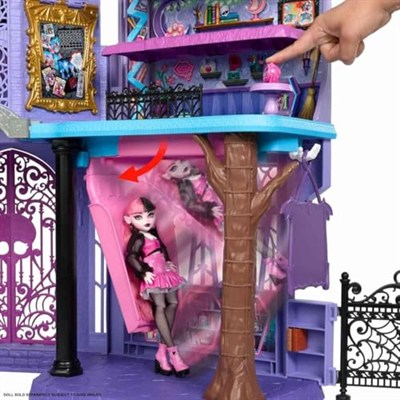 Monster High Buh-tique Hotel oyuncak bebek evi, katlanabilir oyun seti, her odada korkutucu sürprizler ve mobilya ve aksesuarlar dahil 13ten fazla oyun parçası, JBF16