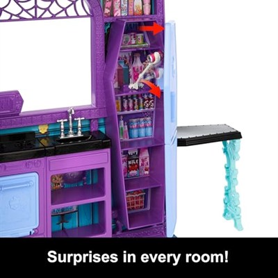 Monster High Buh-tique Hotel oyuncak bebek evi, katlanabilir oyun seti, her odada korkutucu sürprizler ve mobilya ve aksesuarlar dahil 13ten fazla oyun parçası, JBF16