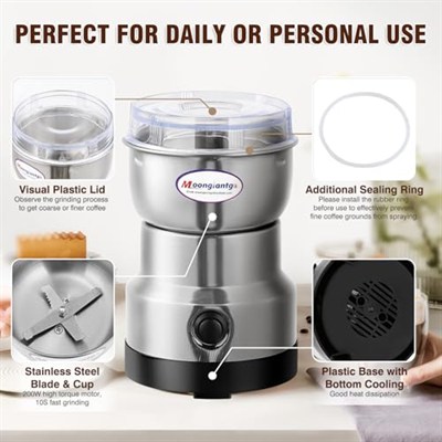 Moongiantgo Mini Baharat Kahve Öğütücü Elektrikli 10s Hızlı Öğütücü Çok İşlevli Parçalama Makinesi Kuru Tahıl Değirmeni Baharat Tohumları Pirinç Çekirdeği Çeşniler için (Gümüş, 110V)