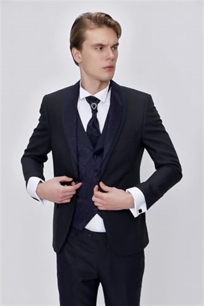 Morven Erkek Lacivert Santos Çıkma Yaka Slim Fit Damatlık