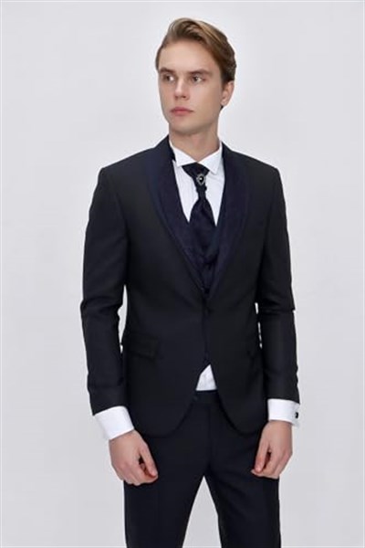Morven Erkek Lacivert Santos Çıkma Yaka Slim Fit Damatlık