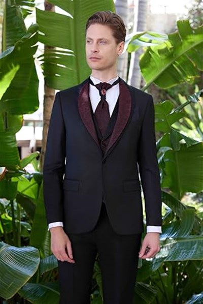 Morven Erkek Siyah Santos Çıkma Yaka Slim Fit Damatlık