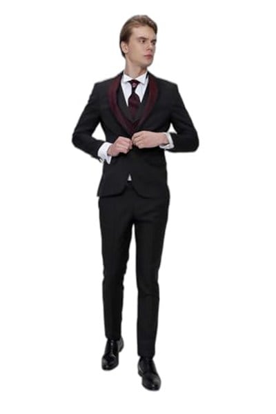 Morven Erkek Siyah Santos Çıkma Yaka Slim Fit Damatlık