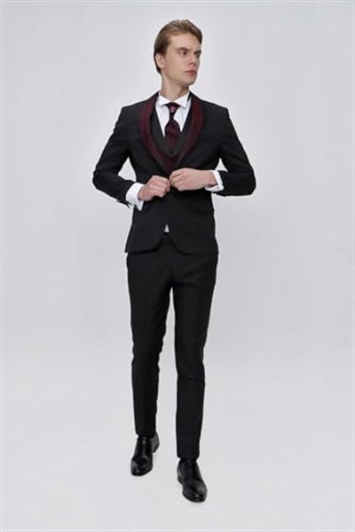Morven Erkek Siyah Santos Çıkma Yaka Slim Fit Damatlık