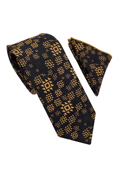 Motif Desenli Siyah Gold Kravat & Mendil