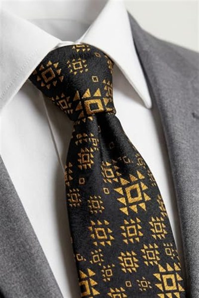 Motif Desenli Siyah Gold Kravat & Mendil