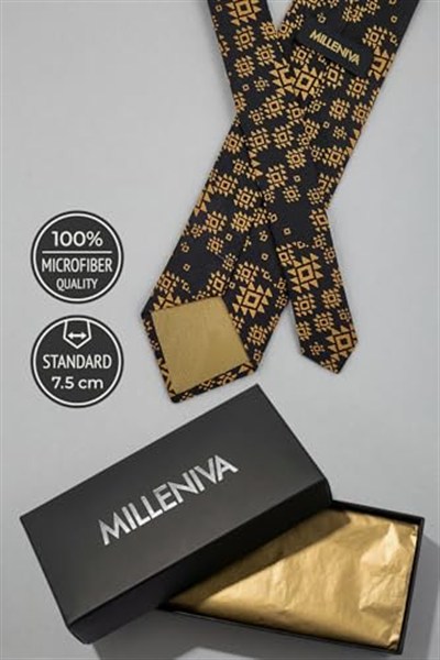 Motif Desenli Siyah Gold Kravat & Mendil