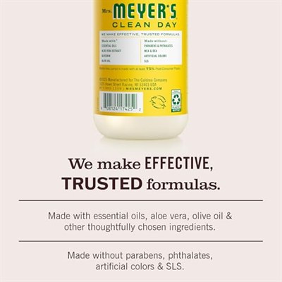 MRS. MEYERS CLEAN DAY Sıvı El Sabunu, Zalimsiz ve Biyolojik Çözünür Elde Yıkama Formülü Uçucu Yağlarla Üretilmiştir, Hanımeli Kokusu, 12,5 oz Şişe