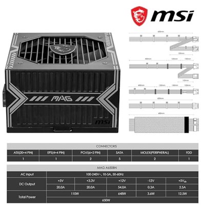 MSI MAG A650BNL 650W 80 Plus Bronze 120mm Fan Power Supply