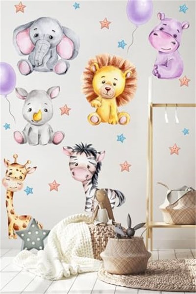 MSticker-Sevimli Hayvanlar Balon Ve Yıldızlar Çocuk Bebek Odası Sticker Seti