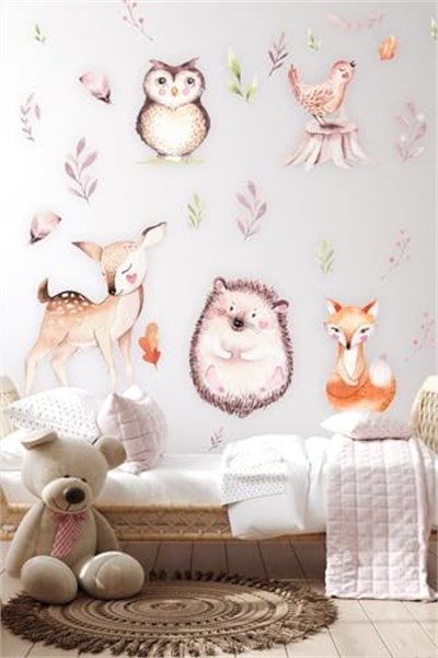 MSticker-Sevimli Hayvanlar Ve Yapraklar Çocuk Bebek Odası Sticker Seti