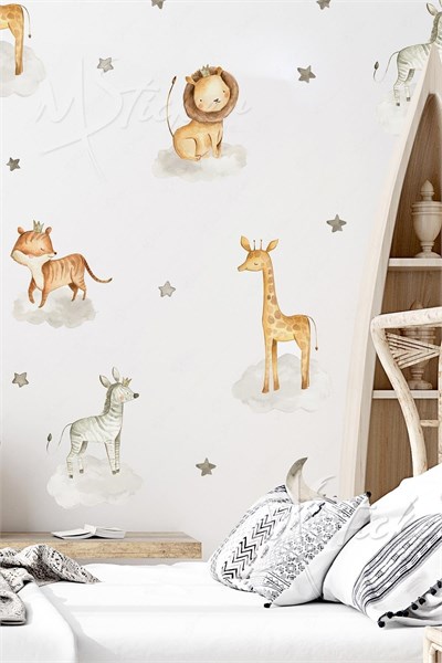 MSticker-Sevimli Safari Hayvanları Ve Gri Yıldızlar Çocuk Bebek Odası Cam Duvar Sticker Seti