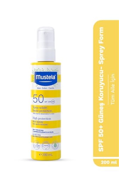 Mustela SPF 50+ Yüksek Koruma Yüz Vücut Güneş Sprey Suya Dayanıklı Tüm Ciltler ve Aile İçin 200 Ml