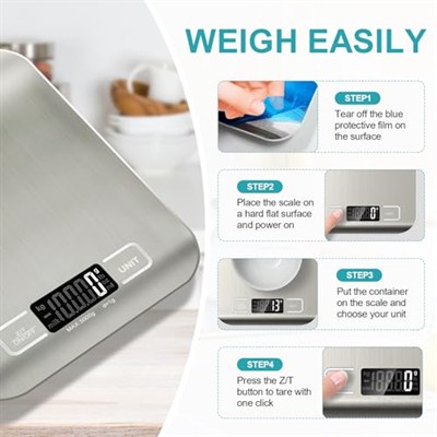 Mutfak Terazisi, 11 lb Akıllı Gıda Ölçeği Ağırlık Gram ve Ons, Paslanmaz Çelik Yüzeyli, 6 Birim Dönüşüm (2* AAA Pil İçerir)