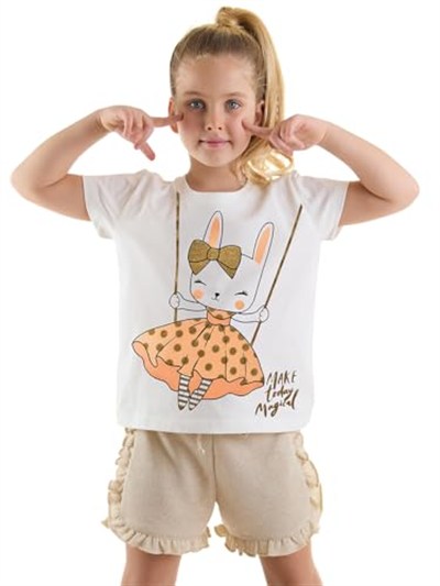 Mutlu Tavşan Kız Çocuk T-shirt Simli Şort Takım