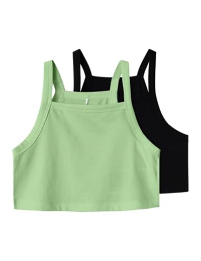 Name it Nkfvilina Kız Çocuk Askılı Crop Bluz, 2li Set, Siyah ve Yeşil, 7-8 Yaş