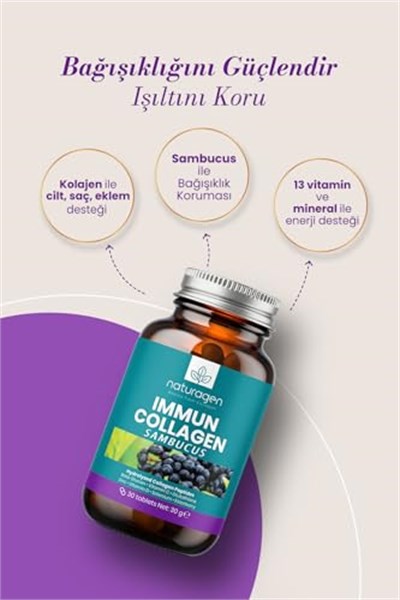 Naturagen Immun Collagen 30 Tablet Bağışıklık Güçlendirici Hidrolize Kolajen Peptitleri Tip 1 3 + B. Glukan + Vitamin A B6 B12 C D E + Glutatyon + Çinko Takviyesi (30 Tablet, Sambucus(Karamürver))