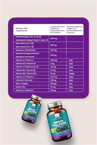 Naturagen Immun Collagen 30 Tablet Bağışıklık Güçlendirici Hidrolize Kolajen Peptitleri Tip 1 3 + B. Glukan + Vitamin A B6 B12 C D E + Glutatyon + Çinko Takviyesi (30 Tablet, Sambucus(Karamürver))