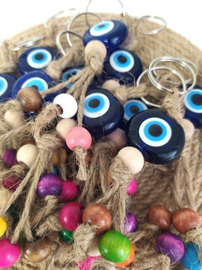 Nazar Boncuk Anahtarlık 10 Adet Kötü Göz Kovucu Nazar Hand Made Hasır Renkli Ahşap Boncuklu Nazarlı Anahtarlık