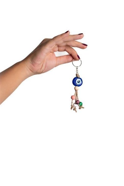 Nazar Boncuk Anahtarlık 5 Adet Kötü Göz Kovucu Nazar Hand Made Hasır Renkli Ahşap Boncuklu Nazarlı Anahtarlık