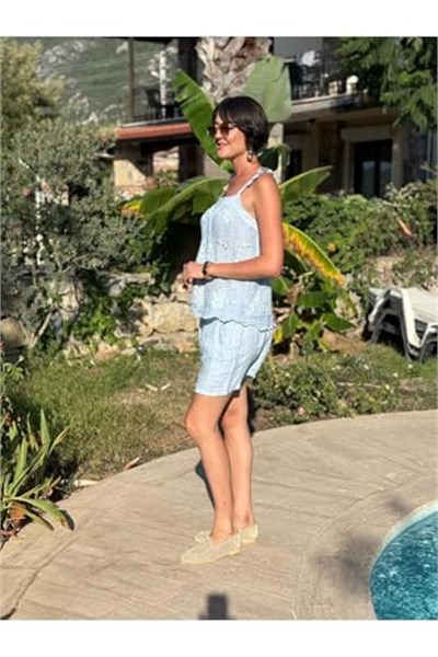 NC31211 Nakışlı Omuz Fırfırlı Keten İtalyan Şortlu Takım Bebemavi